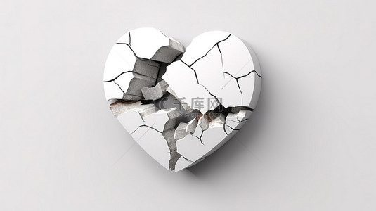 爱心和破碎的爱心背景图片_脆弱的石心在 3D 渲染的空白画布上破碎