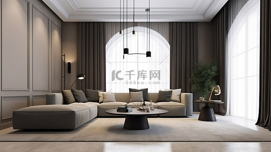 时尚沙发家具背景图片_室内客厅设置的 3d 渲染，配有时尚沙发和毛绒地毯