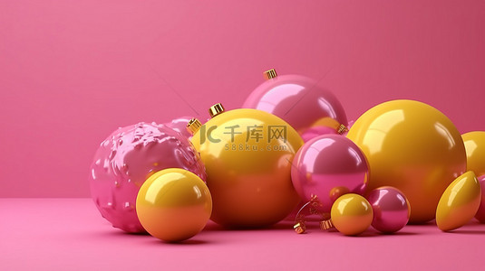 极简抽象设计粉红色圣诞球在充满活力的黄色背景 3d 渲染图像