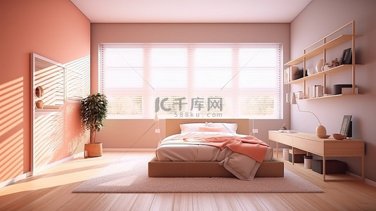 窗户自然光照射下的现代卧室设计的 3D 插图