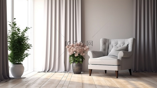 现代花瓶背景图片_带人字形木地板扶手椅咖啡桌花瓶和窗帘的房间模型的 3D 渲染