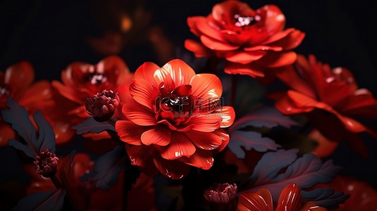 光滑的黑色画布上强烈的红色花朵精致别致的 3D 艺术复古 80 年代 90 年代风格