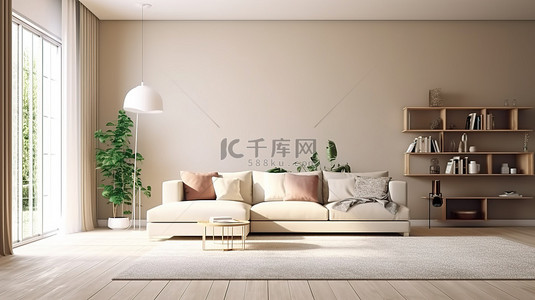 米色沙发背景图片_米色沙发装饰时尚白色客厅的 3D 渲染