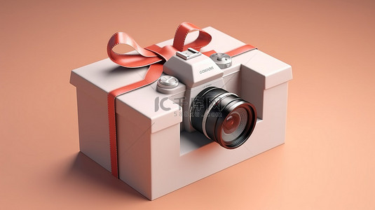 带相机 3D 渲染概念的惊喜礼品盒