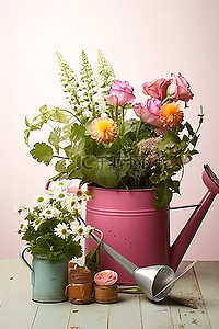 用小盆和园艺工具浇花的水壶
