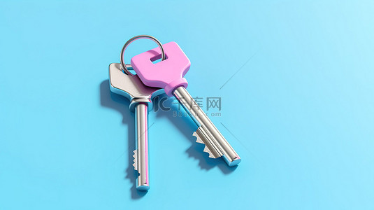 钥匙圈上两把粉红色钥匙的简约 3D 渲染，搭配柔和色调的亮蓝色背景