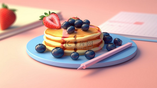 薄煎饼背景图片_带有甜味和酸味的薄煎饼放在粉红色柔和的盘子上，带有 3D 渲染的剪贴板