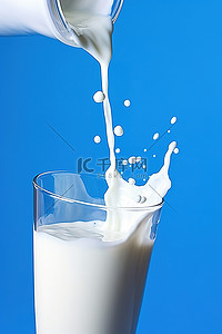 乳制品背景背景图片_牛奶被倒入蓝色背景的玻璃杯中