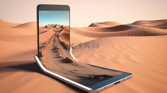 移动屏幕广告在 3D 插图中偏离道路并进入沙漠