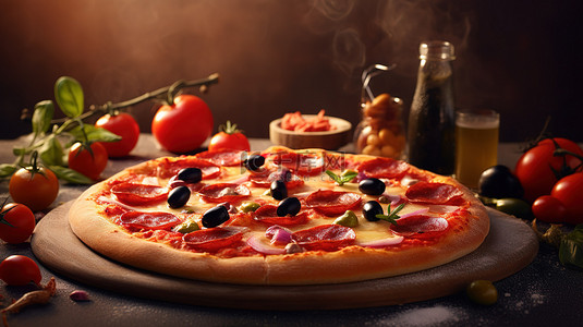 萨拉米香肠和橄榄披萨背景广告的 3D 渲染