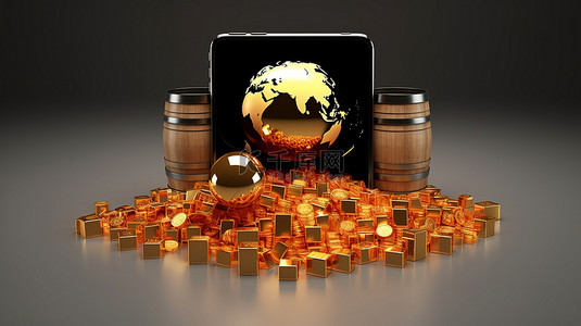 欧元硬币金球和由一桶石油组成的智能手机的 3D 渲染