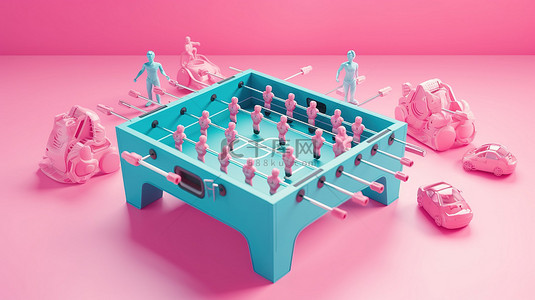 粉红色背景足球桌足球比赛模型以双色调蓝色呈现在 3d 渲染中