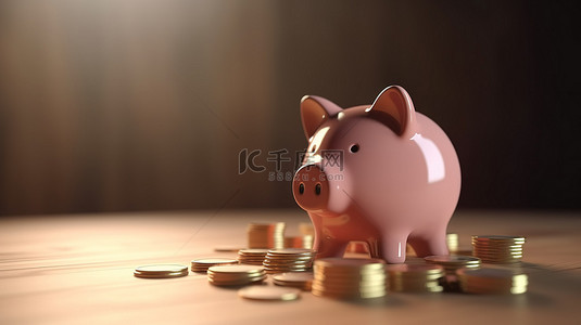 退休投资储蓄 3d 渲染存钱罐和堆叠硬币