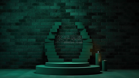 几何砖墙上的简约 3D 展示架，深绿色色调