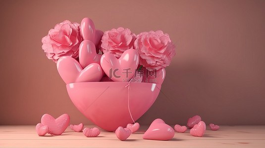 3d 渲染中的心形气球和粉红玫瑰