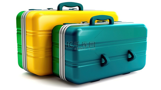 白色背景展示孤立的 3D 渲染手提箱，绿色蓝色和黄色