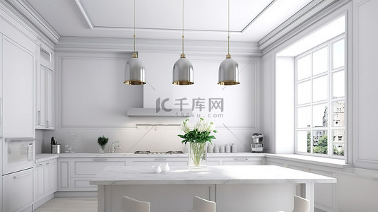 时尚现代的白色厨房，配有充足的柜台空间 3D 渲染室内设计