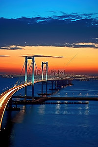 海上大桥背景图片_日落时的海上桥梁