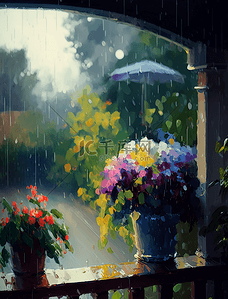 山水装饰画山水背景图片_雨滴鲜花盆栽雨中的阳台花园油画花卉背景