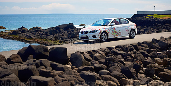 爱情人偶背景图片_白色的汽车坐在靠近水的岩石小路上