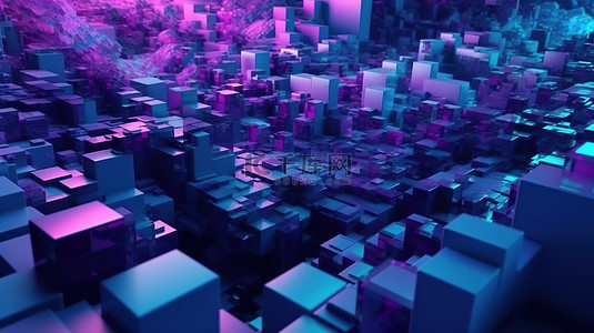 紫色赛博朋克背景图片_以 3d 呈现的紫色和蓝色色调的科幻插图抽象几何背景