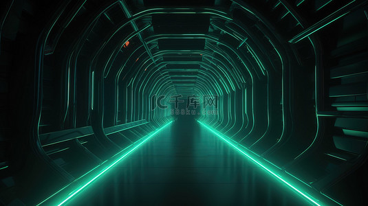 3D 插图科幻隧道与令人惊叹的绿灯
