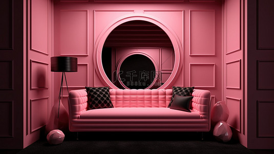 带粉红色 3d 沙发和艺术品的黑色房间