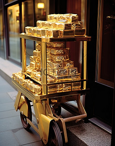 金条背景图片_金色的金条放在酒店外的推车上
