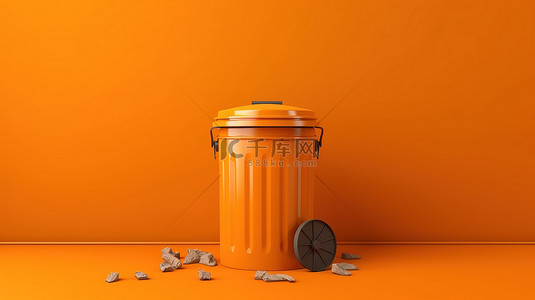 充满活力的橙色背景下单色垃圾桶的 3D 渲染