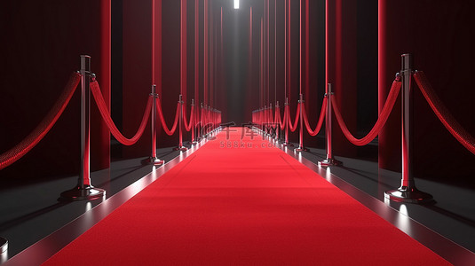 最后一公里背景图片_令人惊叹的 3D 可视化奢华红地毯活动，最后配有绳索屏障楼梯和窗帘