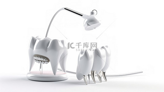 白牙闪光背景图片_白色背景上 3D 渲染的白牙和牙科设备