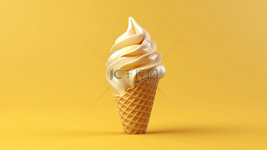 黄色背景下酥脆华夫饼锥上软冰淇淋的 3D 渲染
