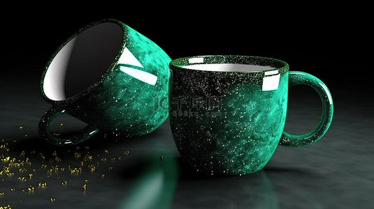 品牌模板背景图片_金属绿色咖啡杯，黑色背景上有薄片，3D 渲染特写
