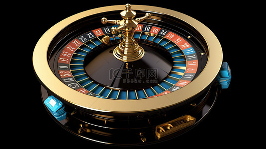 轮盘赌轮盘的孤立黑色 3D 渲染，包括蓝球和金芯片剪切路径