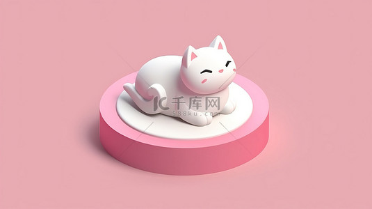 猫平面背景图片_等距 3D 图标，具有平面白色和粉色家居用品套装，包括白色猫雕像