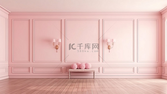 石英防水女表背景图片_现代优雅的粉色和玫瑰石英简约内饰，配有木地板和墙板 3D 渲染模型