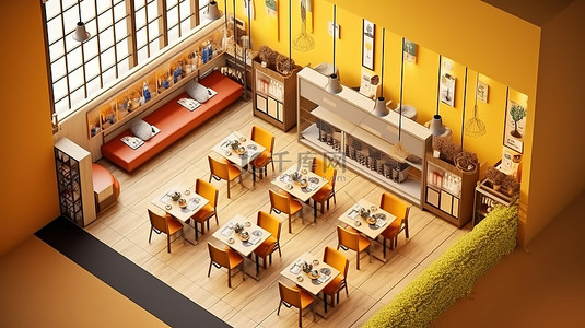 室内建筑的 3D 渲染与开放餐厅的等距视图
