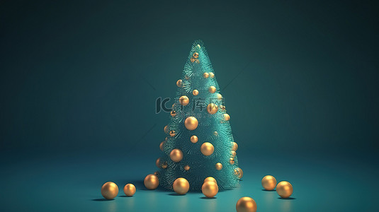 蓝色背景的 3D 渲染，圣诞树上装饰着装饰灯和球
