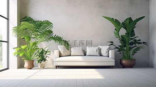 裸露空间舒适的沙发和植物从室内设计 3D 渲染的极简主义角度