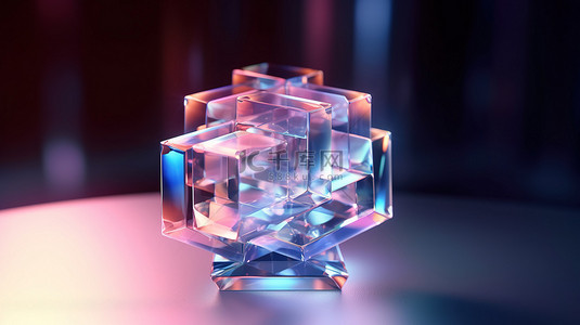 蓝紫几何背景图片_3D 渲染的抽象几何背景中模糊的玻璃物体