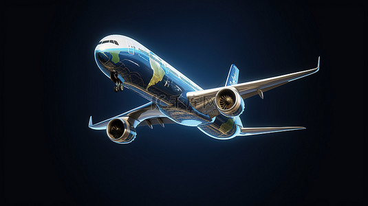 插画地球仪背景图片_飞机在 3D 渲染中翱翔的地球仪，用于旅行和冒险概念