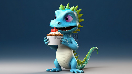 搞笑的 3D 蜥蜴拿着纸杯蛋糕和标志