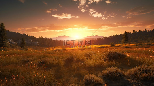 山太阳背景图片_宁静的日落在 3D 创建的未驯服的山草甸上投射出温暖的光芒