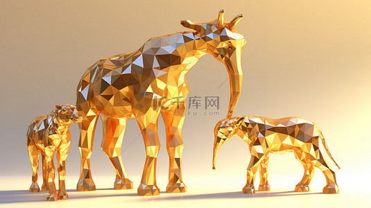 金色野生动物大象鹿和长颈鹿的低聚 3D 模型