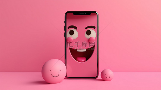 智能科技字背景图片_粉红色背景上带有 3D 渲染表情符号的空白屏幕智能手机