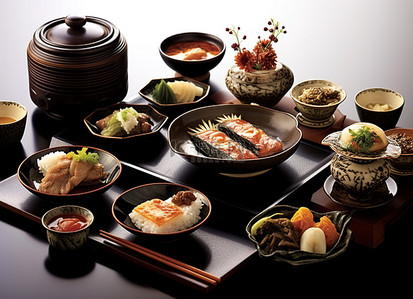 美食配菜背景图片_五道丰盛的亚洲美食是最精致的