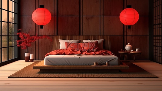 红灯背景图片_现代日式卧室，配有红灯和 3D 渲染的木地板