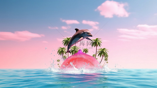 动画海豚在热带天堂的碧绿海洋上跳跃