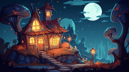 小屋夜色卡通插画背景