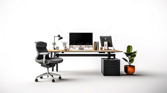 桌上办公用品背景图片_现代和创新的工作环境白色背景，办公桌上有电脑的 3D 渲染，配有光滑的黑色皮椅
